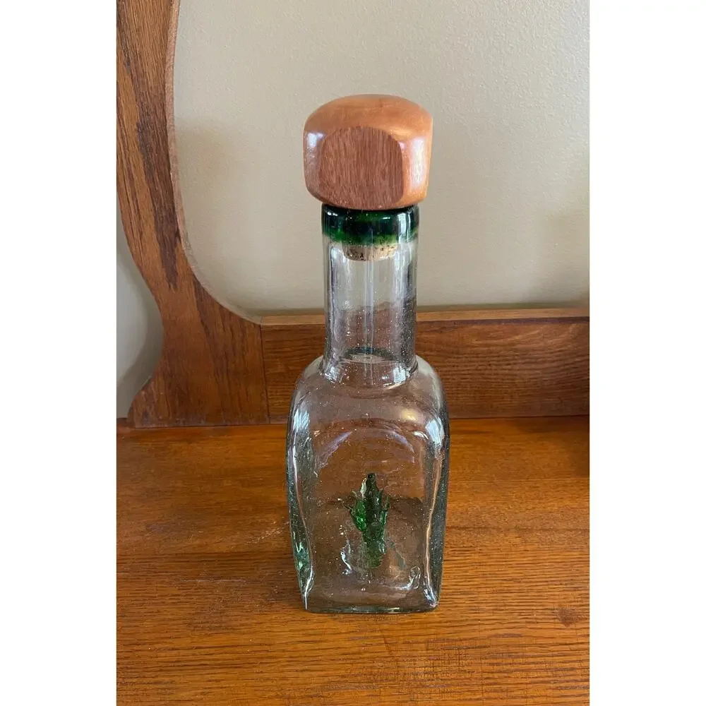 Casta Green Hand Blown Tequilla Bottle w/ Glass Agave Inside & Wood / Cork Top